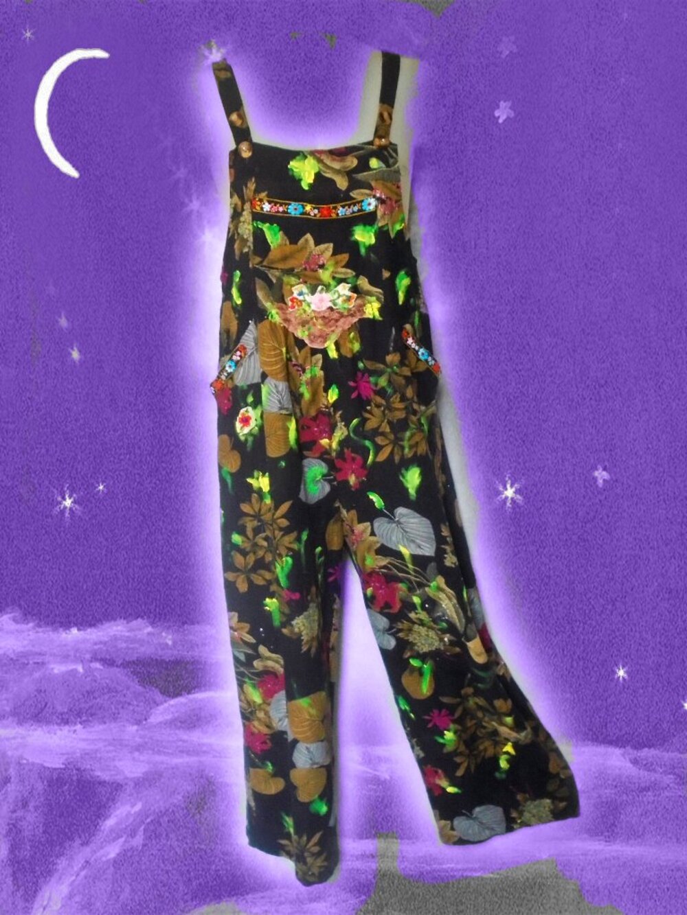 Summer Overalls Wide Leg Black Floral Upcycled Painted Edgy Festival Wear OOAK